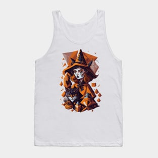 Halloween Witch with Cat in Geometric style Tank Top